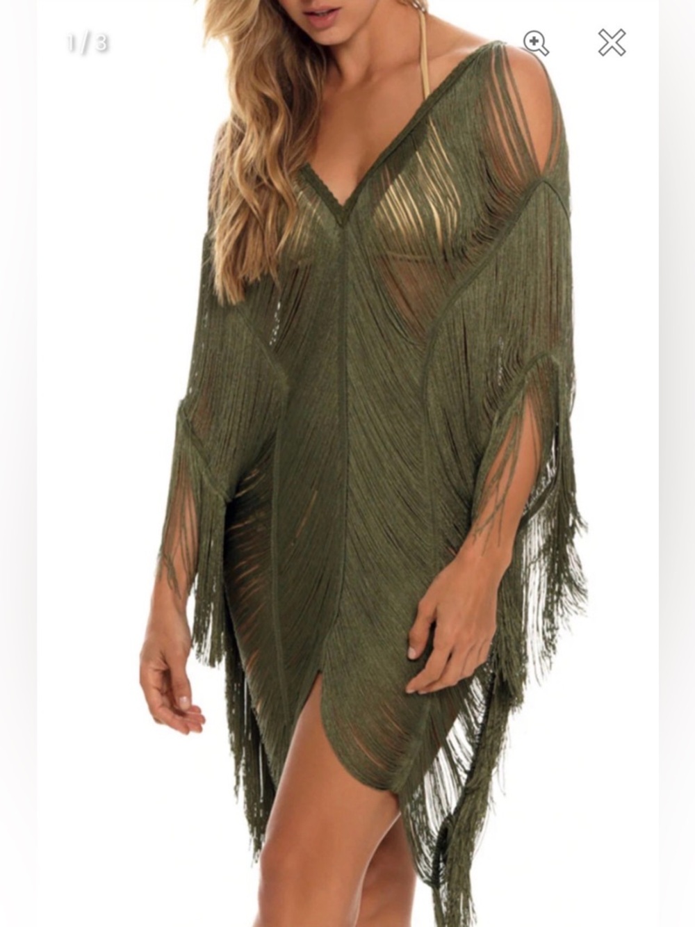 Olive Green Knit Poncho Fringe Flapper Swimsuit Coverup OSFM